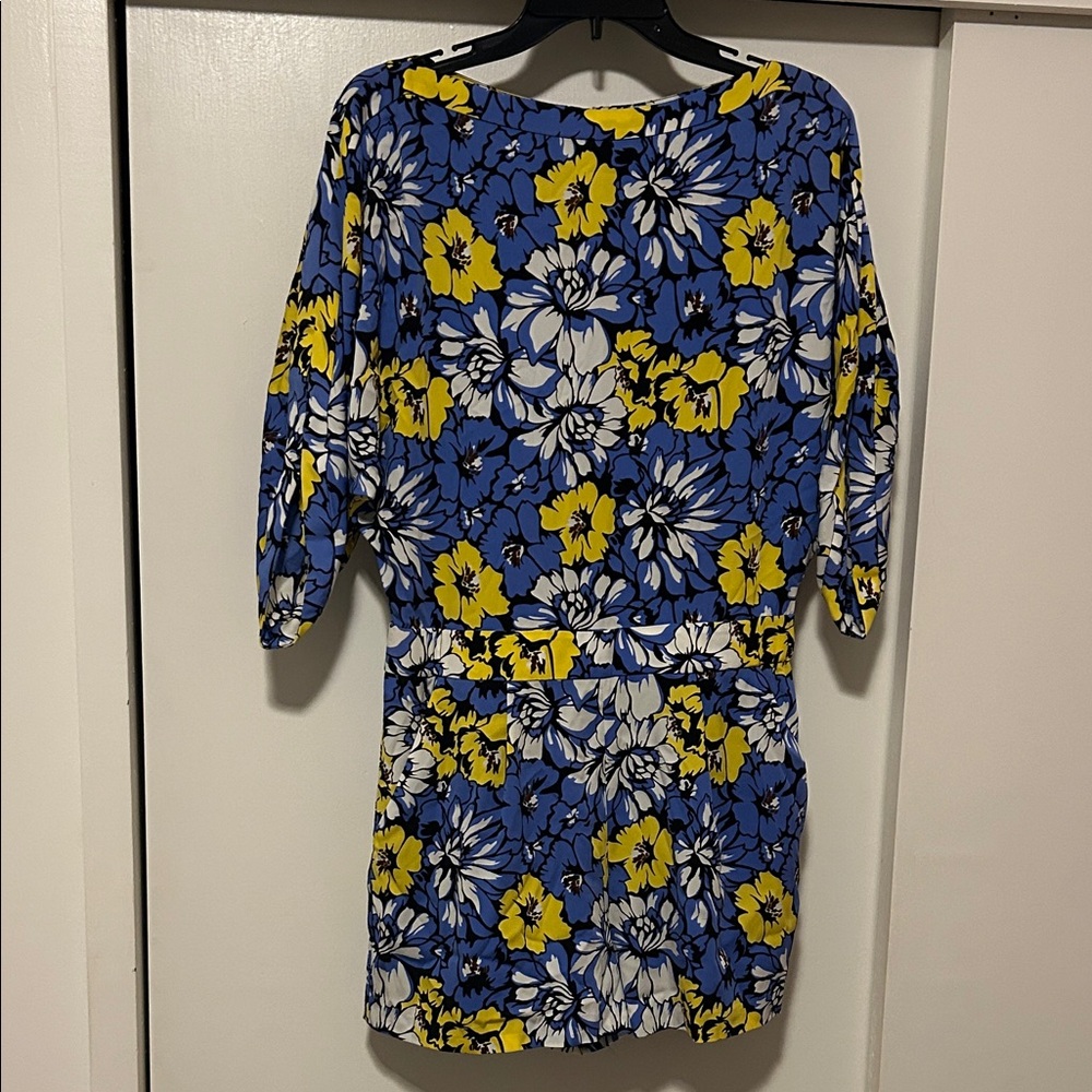 Floral Blue and Yellow Romper, open back, size 8